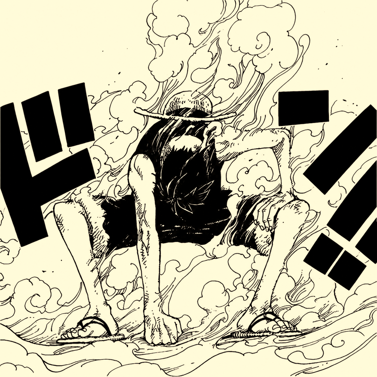 Luffy mengaktifkan Gear 2 dengan tubuh mengeluarkan uap putih saat bertarung dalam manga One Piece chapter 387.
