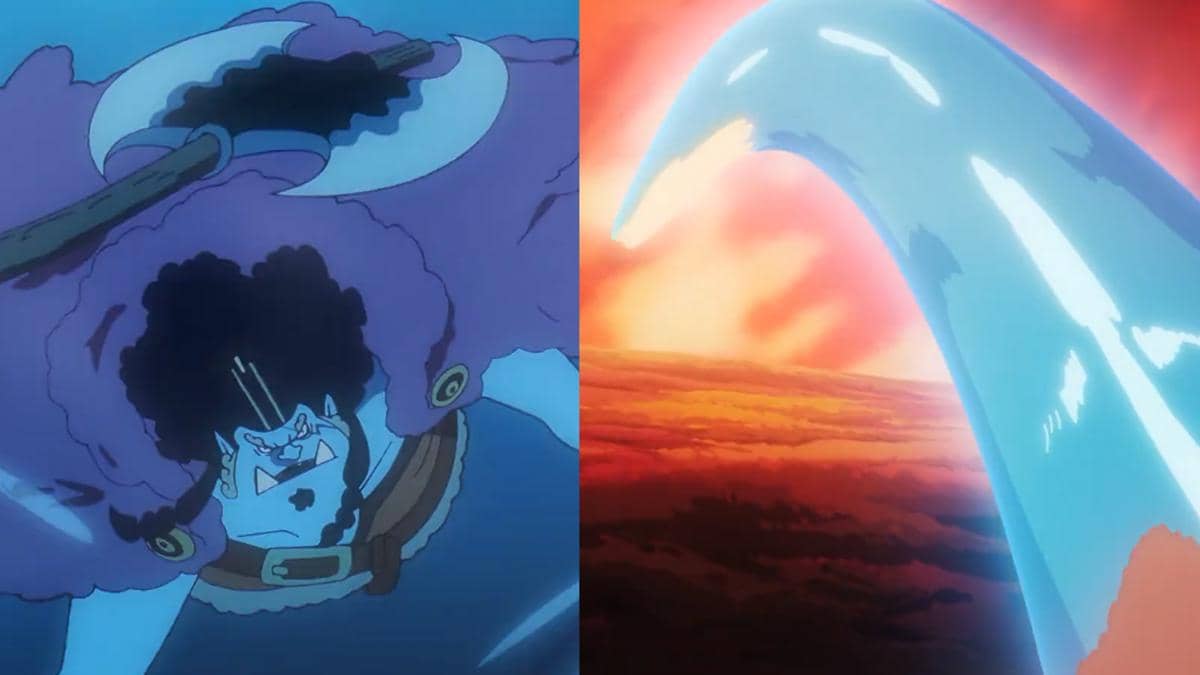 Jinbe menyemprotkan air untuk memadamkan kobaran api yang mengancam anak-anak dalam adegan anime One Piece.