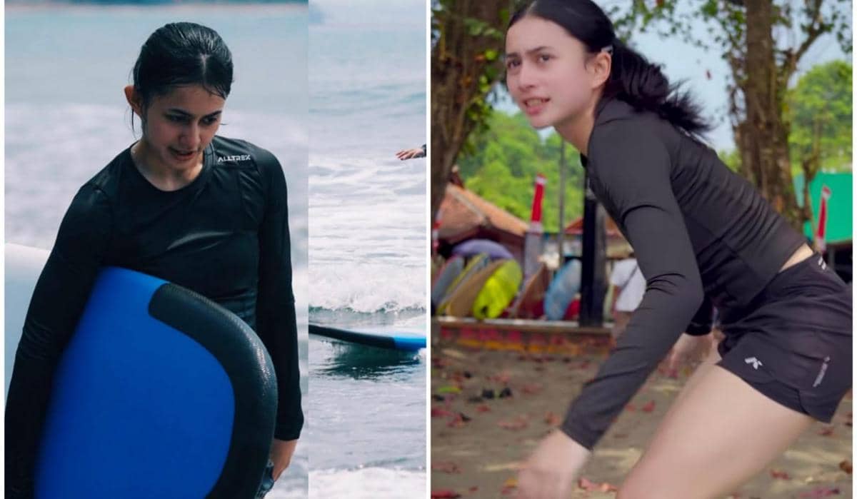 Sintya Marisca Surfing di Pantai Batu Karas, Pangandaran