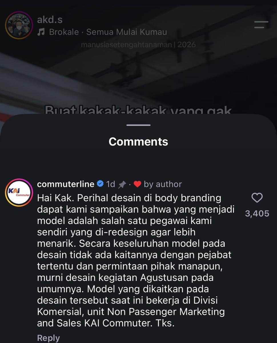 Tangkapan layar komentar klarifikasi resmi KAI Commuterline pada unggahan Instagram milik akun @akd.s.