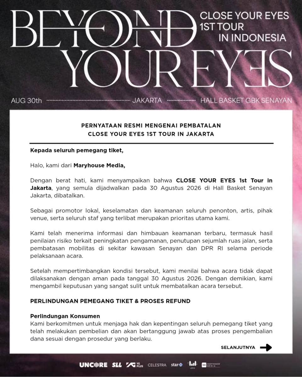 Unggahan Instagram Marry House Media berisi pengumuman pembatalan konser Close Your Eyes di Jakarta.