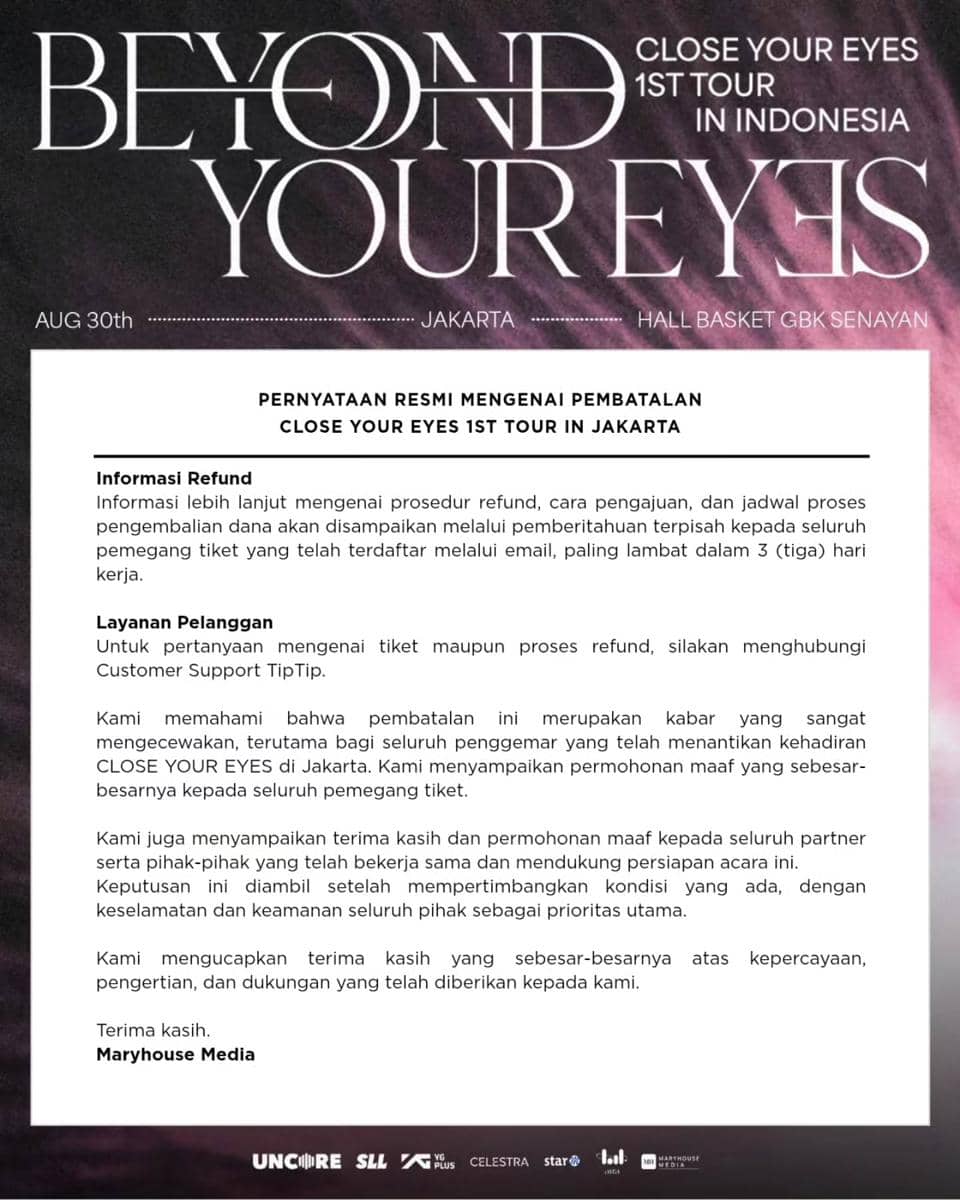 Poster pengumuman pembatalan konser Close Your Eyes di Jakarta dari akun Instagram Marry House Media.