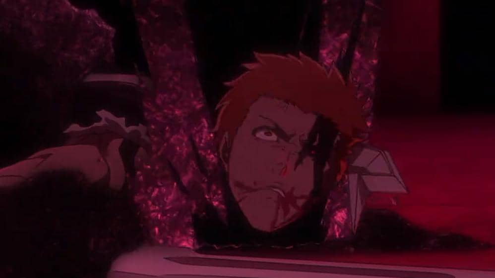 Adegan anime Bleach TYBW Part 4 saat Yhwach memenggal kepala Ichigo dalam pertarungan brutal di serial tersebut.
