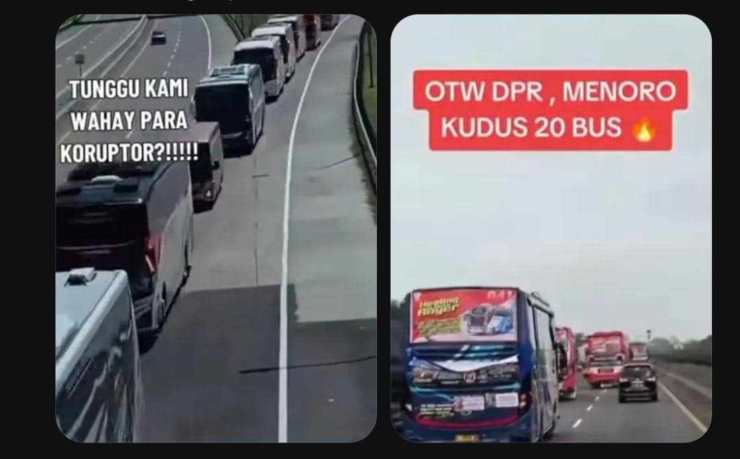 Tangkapan layar unggahan X yang mengklaim bus demonstran berangkat dari Kudus menuju Jakarta dalam percakapan daring.