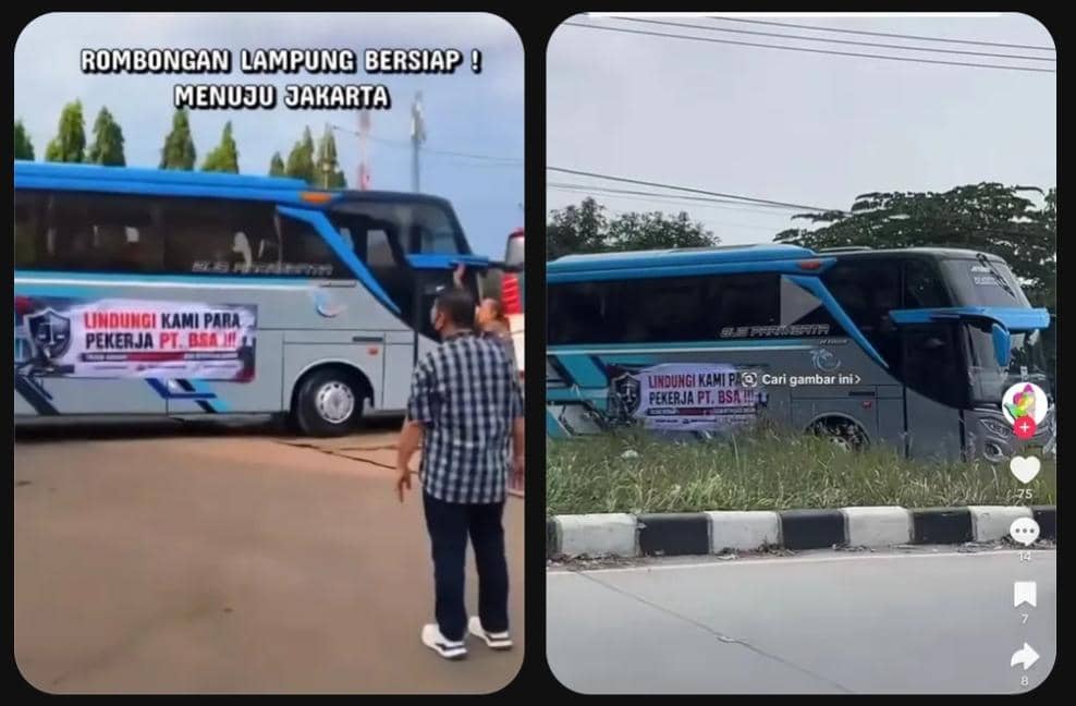 Tangkapan layar unggahan X memperlihatkan bus yang diklaim membawa demonstran dari Kudus menuju Jakarta.