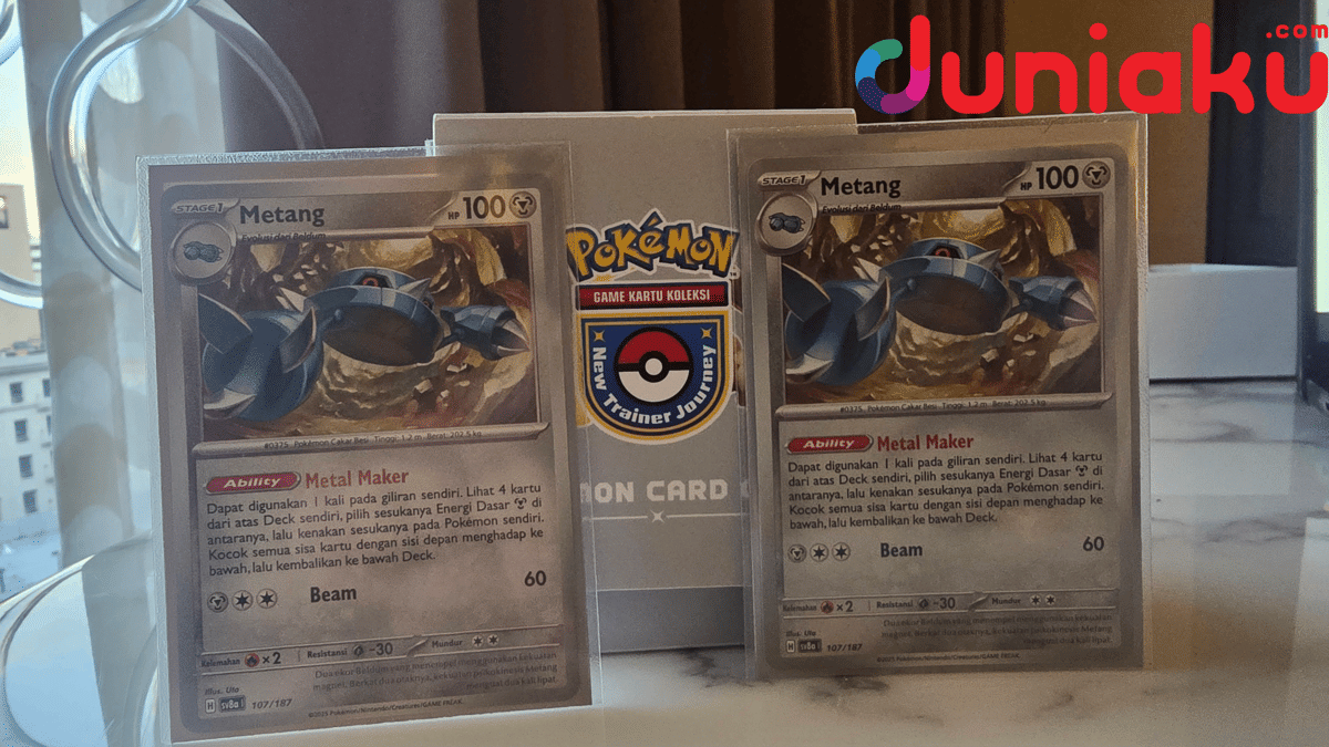 Kartu Pokémon Trading Card Game bergambar Metang dengan nama, ilustrasi karakter, dan informasi permainan.