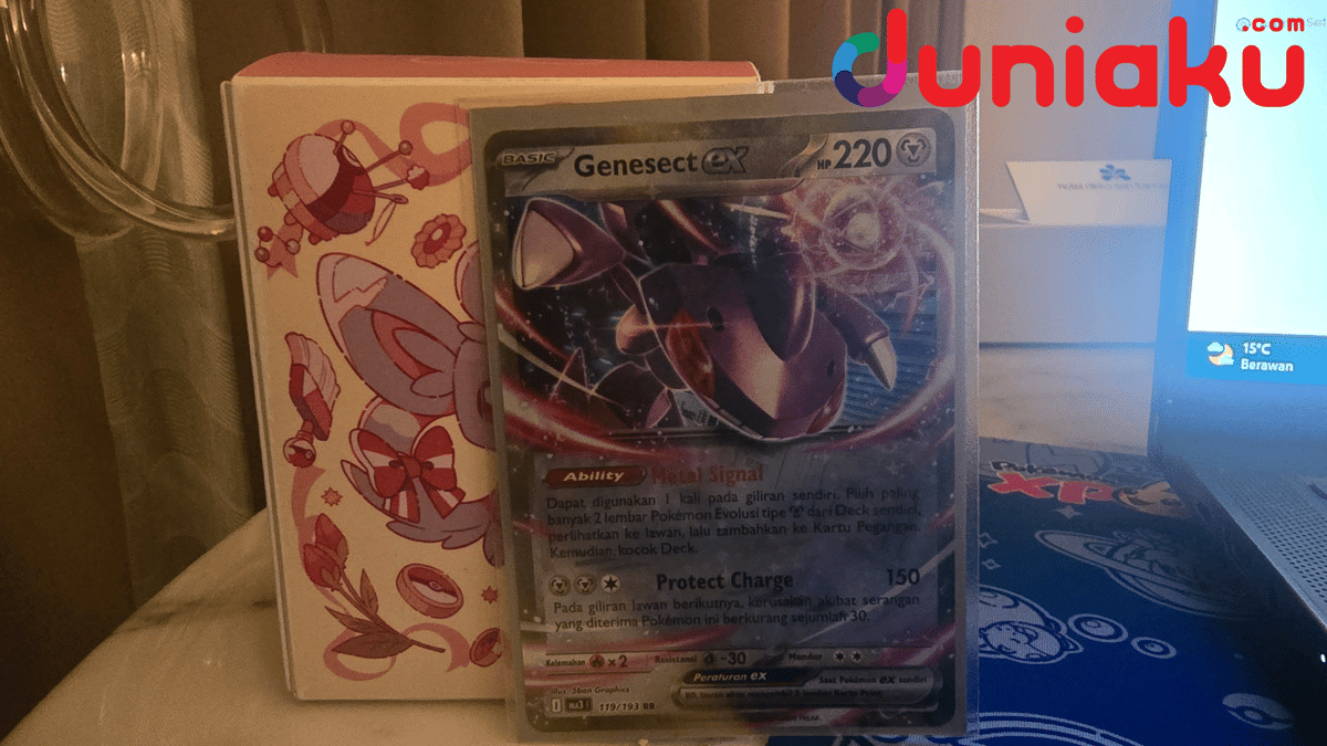 Kartu Pokémon Trading Card Game Genesect ex dengan ilustrasi karakter Genesect dan detail teks kartu.