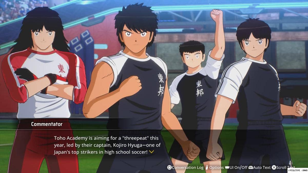 Tampilan pertandingan sepak bola dalam Captain Tsubasa 2 World Fighters, game dari Tamsoft dan Bandai Namco Entertainment Asia.