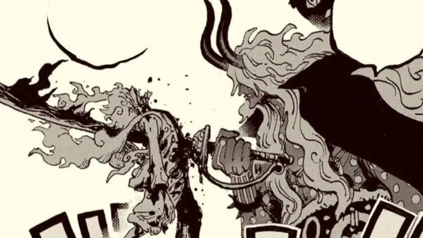 Nerona Imu menusuk Luffy dalam adegan manga One Piece, membuat tubuh Luffy terluka oleh serangan tersebut.