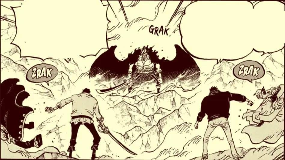 Ilustrasi Monkey D. Garp dan Gol D. Roger bekerja sama melawan Rocks D. Xebec dalam serial One Piece.