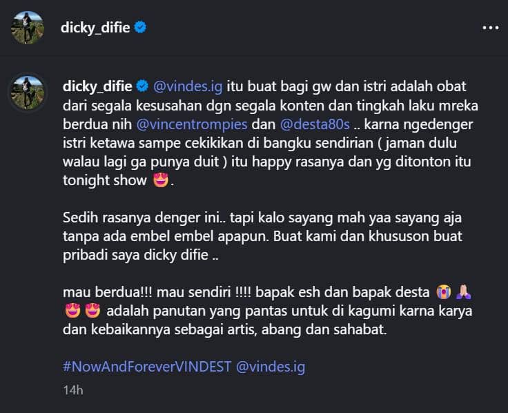 Dicky Difie dan sejumlah rekan artis menyampaikan dukungan untuk Vincent dan Desta melalui unggahan di media sosial.