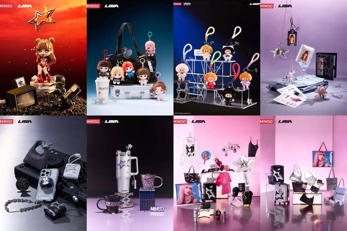 Poster promosi kolaborasi MINISO x LISA untuk Global Pop-Up World Tour dengan latar merah muda.