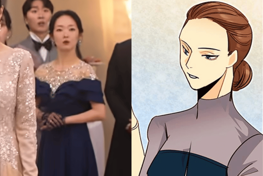Perbandingan penampilan karakter Remarried Empress versi Webtoon dan drama dalam susunan gambar berdampingan.