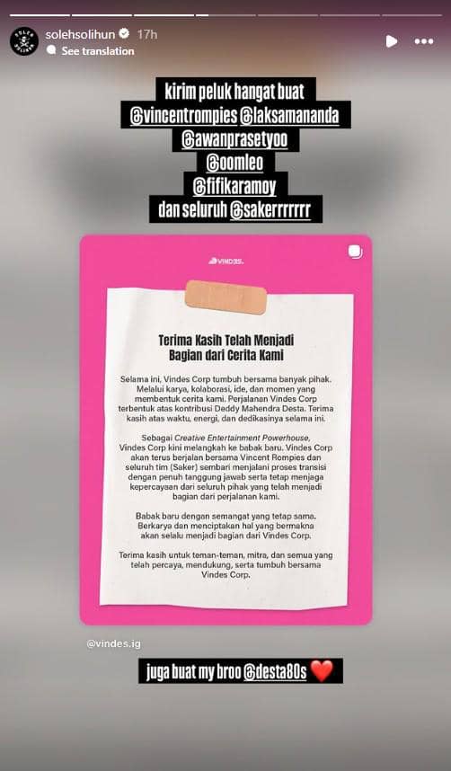 Unggahan Instagram Soleh Solihun memuat pesan dukungan dari kalangan artis untuk Vincent dan Desta di media sosial.