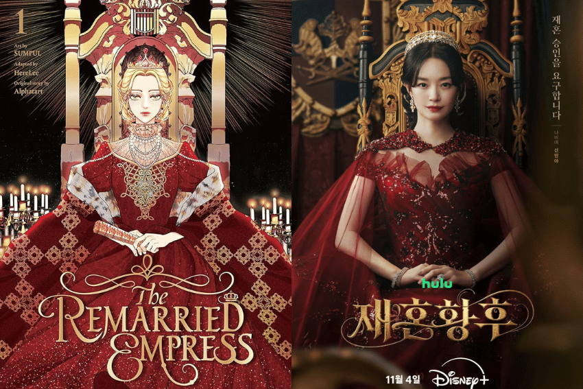 Perbandingan penampilan karakter Remarried Empress versi Webtoon Naver dan adaptasi drama Disney+ dalam kolase.