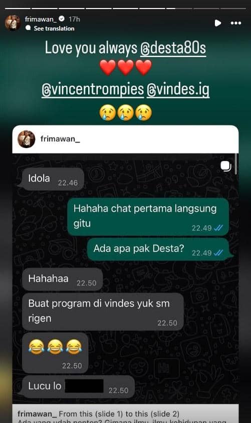 Kolase unggahan Instagram berisi pesan dukungan sejumlah artis untuk Vincent dan Desta dalam beberapa potret.