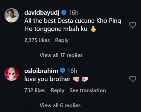 Kolase unggahan Instagram David Bayu dan Oslo Ibrahim yang memberi dukungan untuk Vincent dan Desta.
