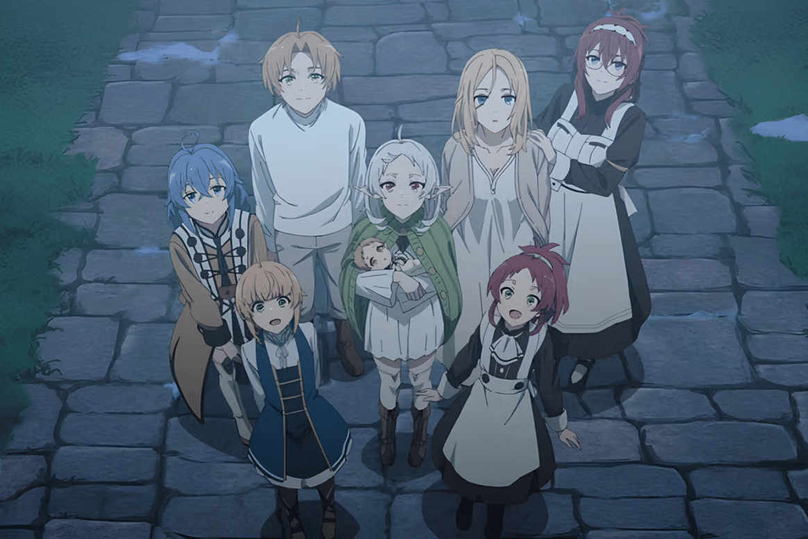 Rudeus Greyrat bersama keluarganya dalam anime Mushoku Tensei.
