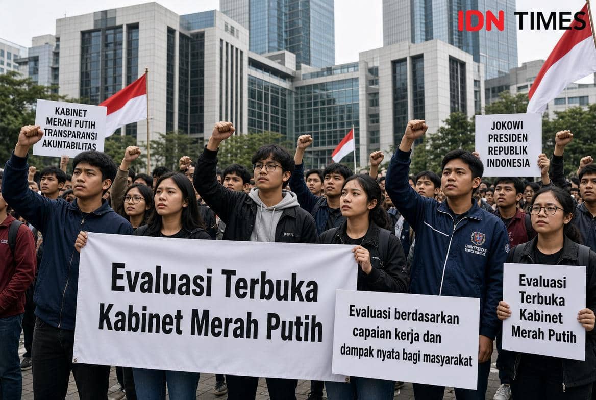 Ilustrasi gabungan mahasiswa mendesak pemerintah mengevaluasi terbuka seluruh jajaran Kabinet Merah Putih pada 27 Agustus 2026.