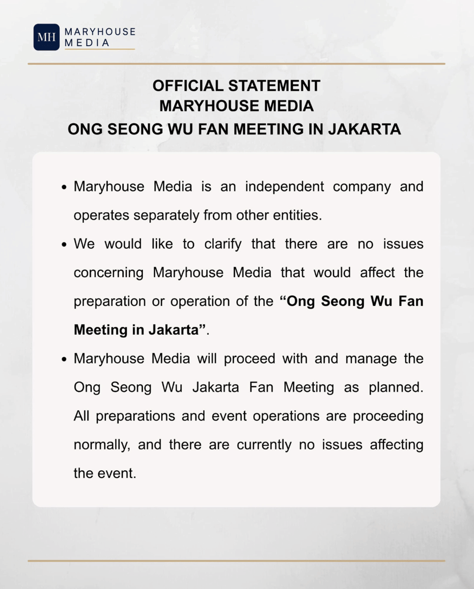 Tangkapan layar unggahan berisi pernyataan resmi Maryhouse Media yang dibagikan melalui akun X @Maryhouse_ent.