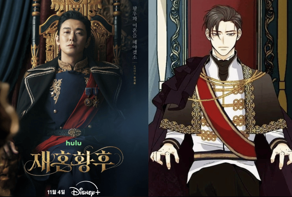 Kolase perbandingan karakter Remarried Empress versi ilustrasi Webtoon dan adaptasi drama, disusun berdampingan.