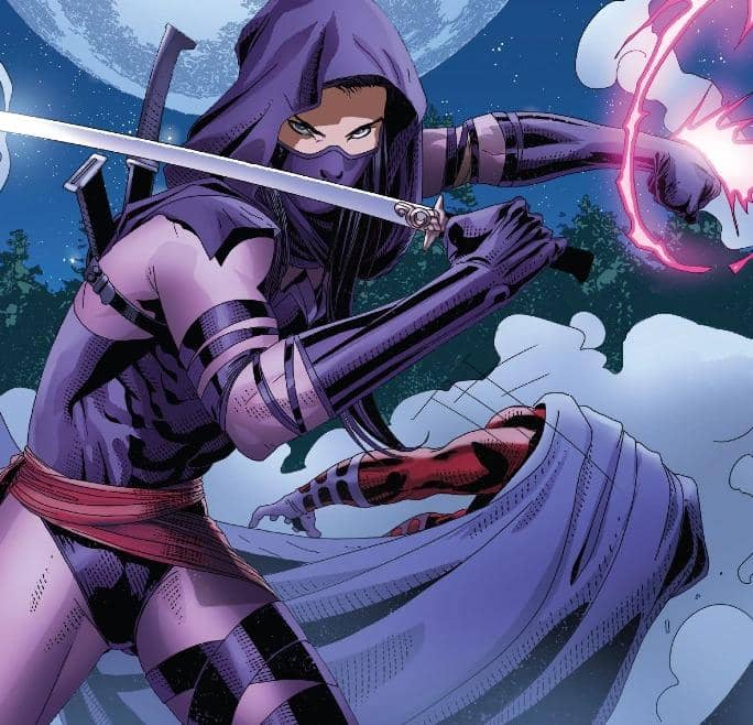 Ilustrasi karakter Psylocke versi Kwannon dari Marvel Comics dalam karya seni bergaya komik dengan detail kostum khasnya.