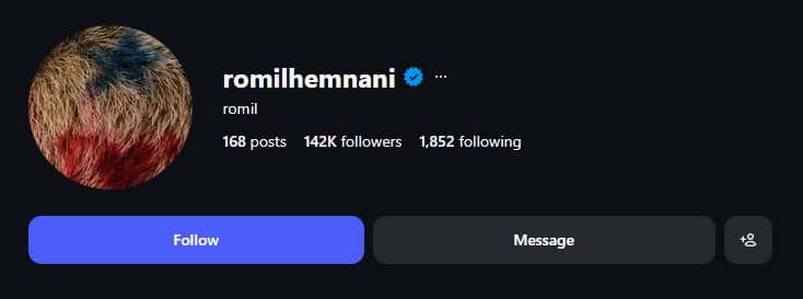 Informasi akun Instagram asli milik Romil Hemnani yang tercantum pada platform media sosial Instagram.