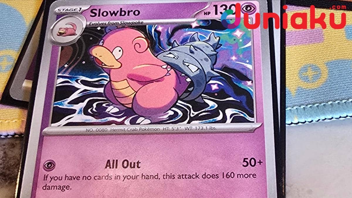 Kartu Slowbro Pokémon dengan ilustrasi karakter merah muda berlatar biru, kuat saat pemain menguras kartu di tangan.