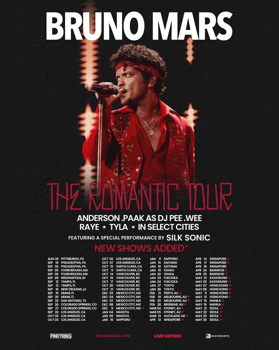Poster konser Bruno Mars dengan potret penyanyi, nama artis berukuran besar, dan teks pengumuman dari Live Nation Asia.