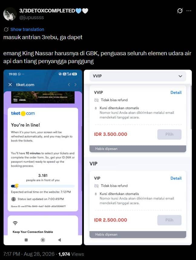 Tangkapan layar curhatan netizen di X yang mengaku kalah dalam war tiket konser King Nassar hingga merasa kecewa.