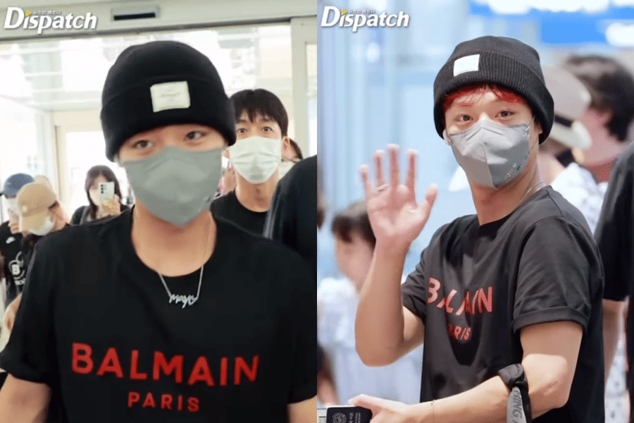 Park Ji Hoon mengenakan jaket hitam dan membawa tas saat berangkat ke Jakarta untuk acara fancon di bandara.