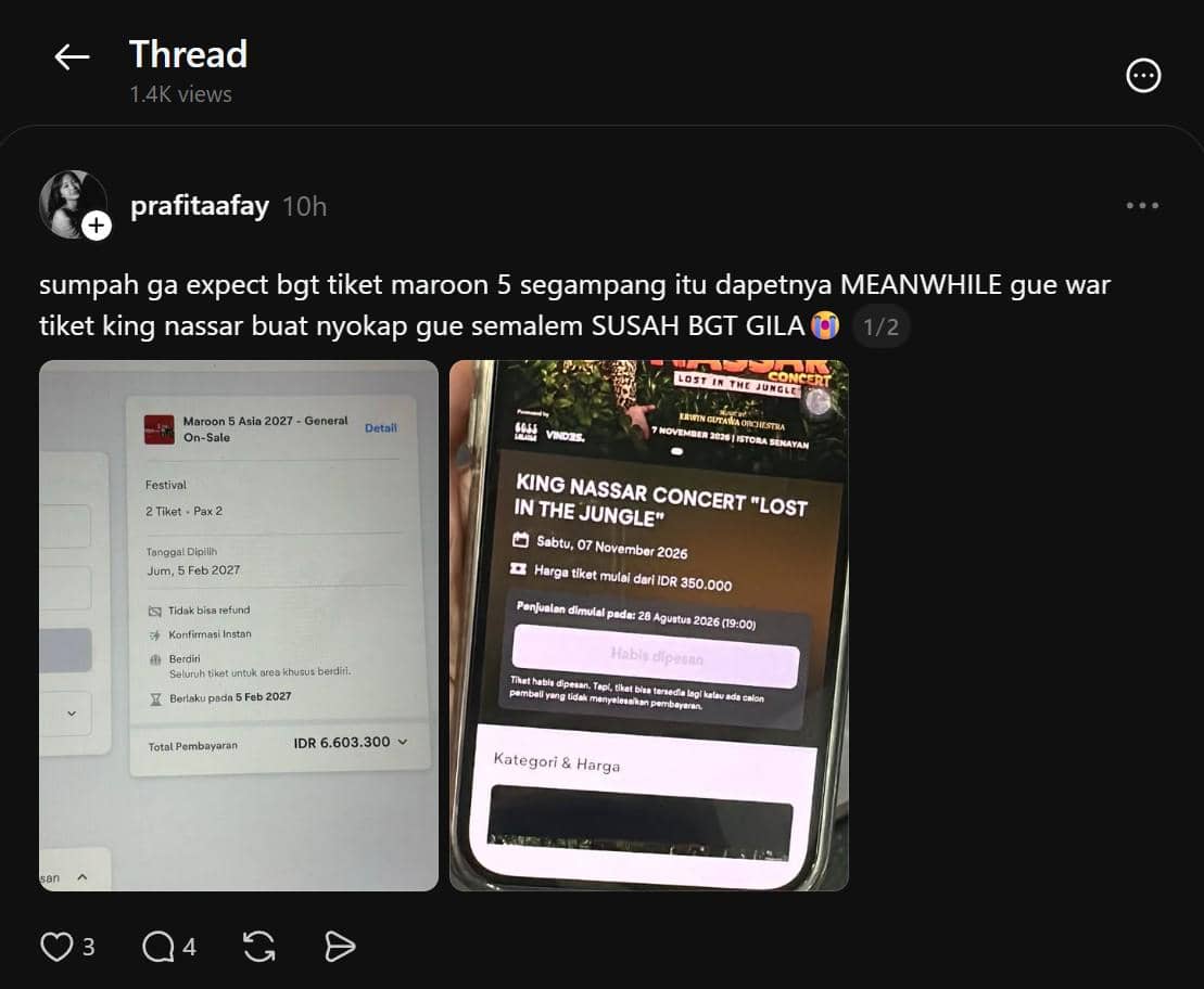 Tangkapan layar unggahan Threads netizen yang mengaku kalah saat war tiket konser King Nassar hingga kecewa.
