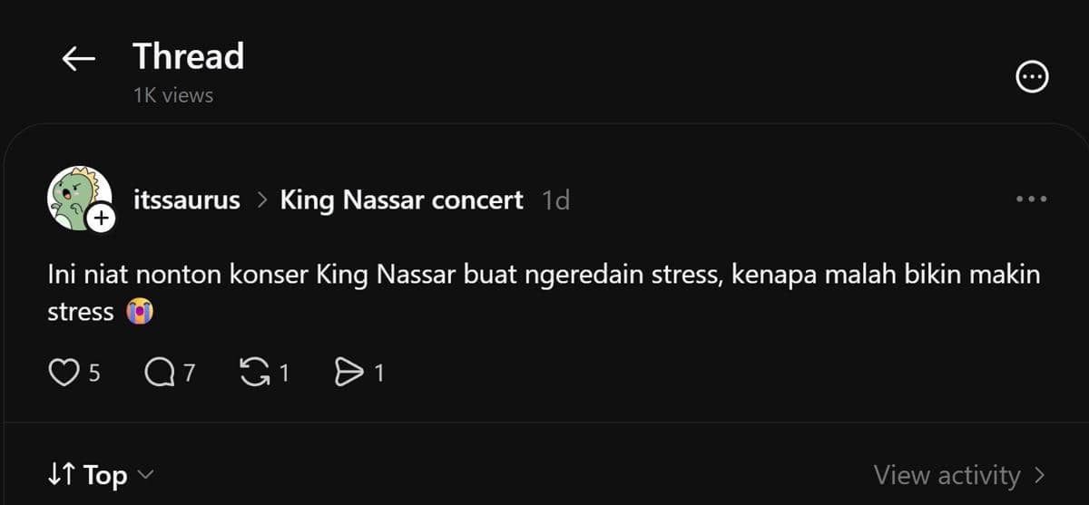 Tangkapan layar unggahan Threads berisi curhatan netizen yang kalah dalam war tiket konser King Nassar.