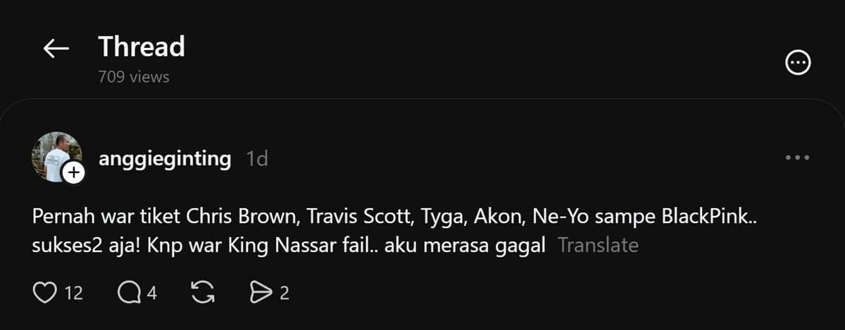 Tangkapan layar unggahan Threads berisi curhatan netizen yang kalah dalam war tiket konser King Nassar.
