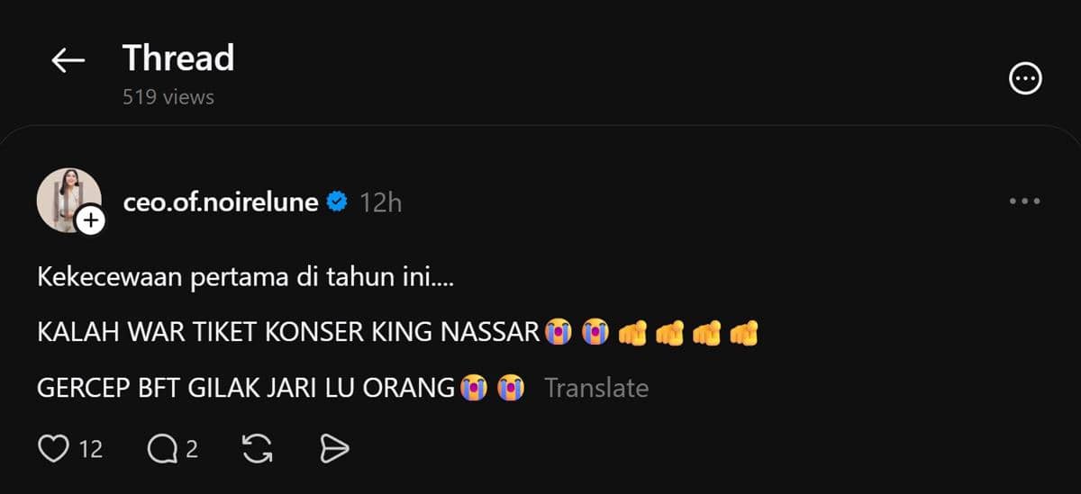 Tangkapan layar unggahan Threads berisi curhatan netizen yang gagal mendapat tiket konser King Nassar.