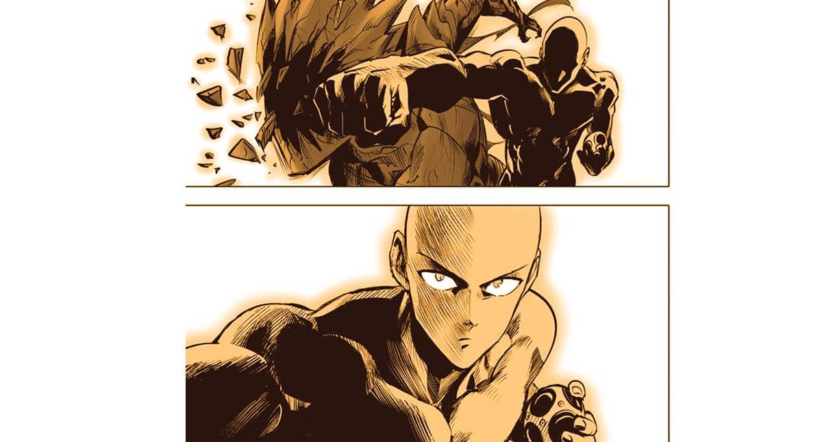 Panel manga One Punch Man saat Garou mengingat kembali pukulan kuat Saitama dengan ekspresi terkejut.