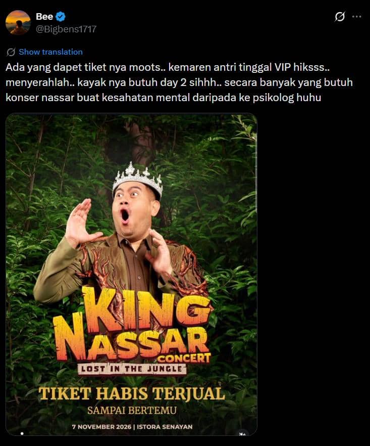 Tangkapan layar unggahan netizen di X tentang kekecewaan kalah war tiket konser King Nassar yang ramai dibahas.