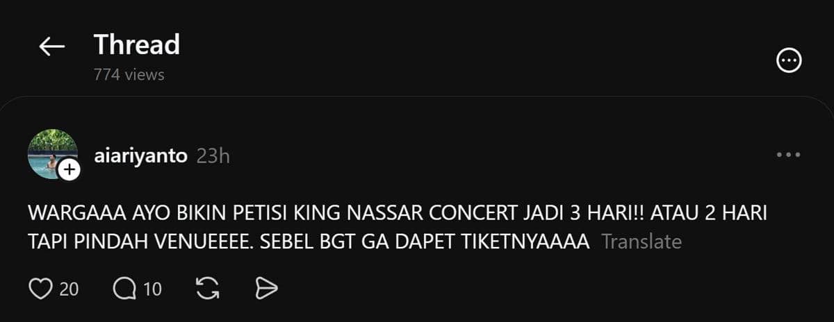 Tangkapan layar unggahan Threads berisi curhatan netizen yang gagal mendapat tiket konser King Nassar.