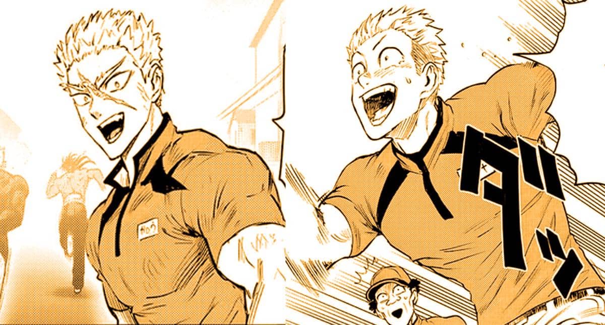 Garou mengajak kawannya berlari mengejar monster di jalan kota dalam adegan manga One Punch Man yang penuh aksi.