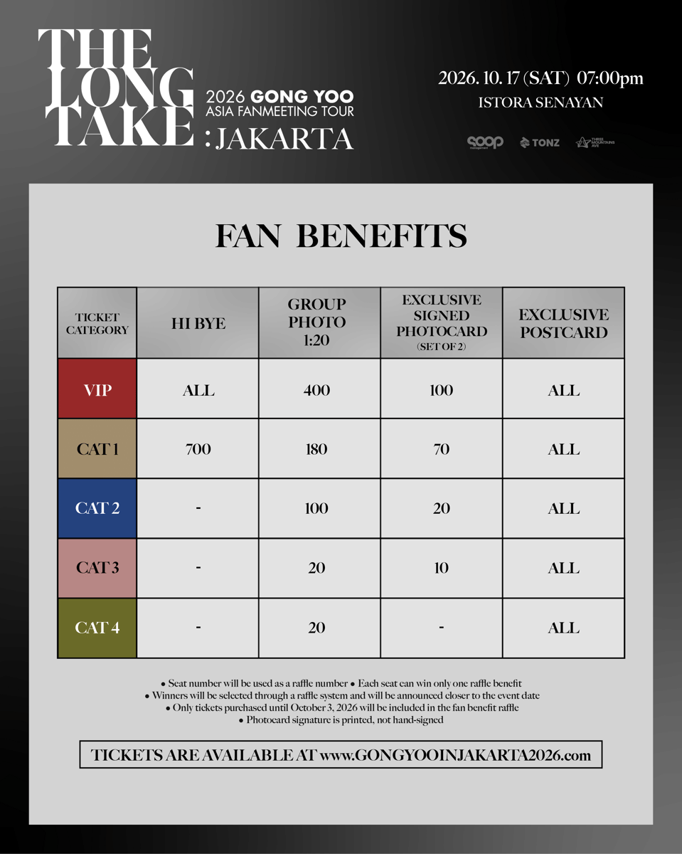 Rincian fan benefit di fan meeting Gong Yoo di Jakarta 2026 (dok. Three Mountains Ave)