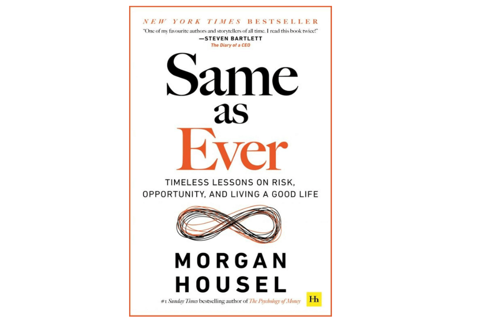 Sampul buku Same as Ever karya Morgan Housel dengan judul hitam besar pada latar kuning dan ilustrasi roda berwarna biru.