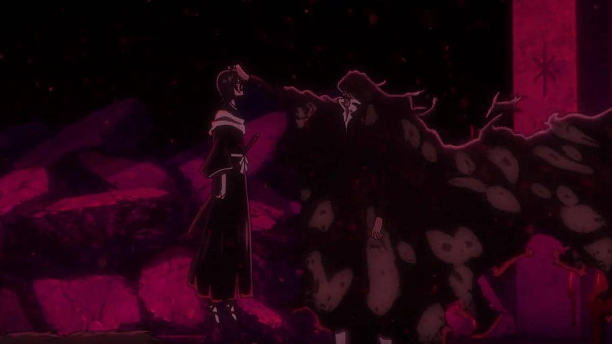 Yhwach mencengkeram Rukia dari leher sambil menatap tajam dalam adegan anime Bleach TYBW Part 4 yang menegangkan.