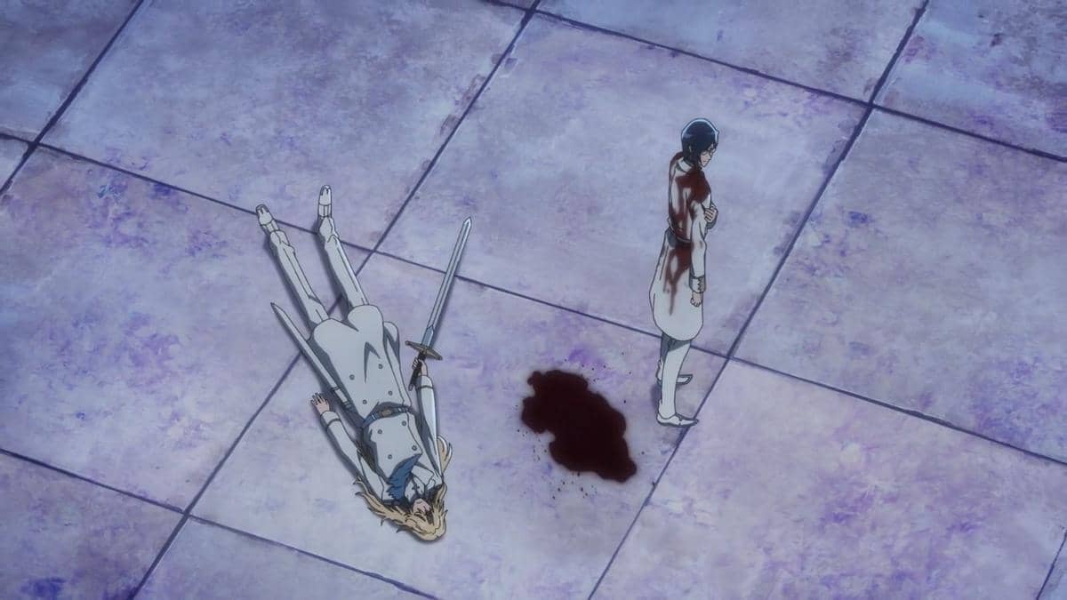 Jugram dan Ishida tampak berdiri usai pertarungan dalam adegan anime Bleach TYBW Part 4 produksi Pierrot.