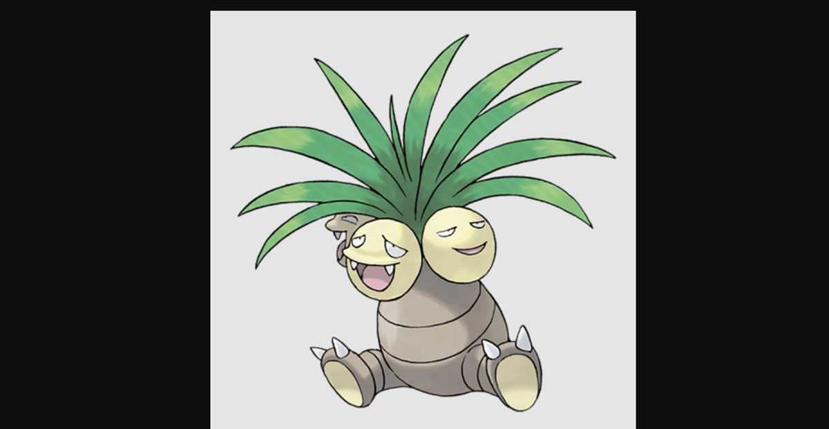 Pokémon Exeggutor berbentuk pohon kelapa dengan tiga kepala dan tubuh cokelat di atas kaki pendek.