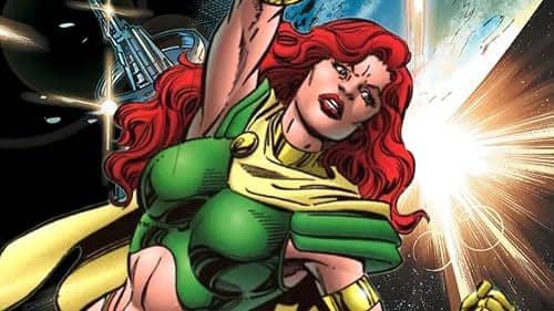 Ilustrasi karakter Maxima dari DC Comics, perempuan berambut merah dengan kostum superhero ungu dan ekspresi tegas.