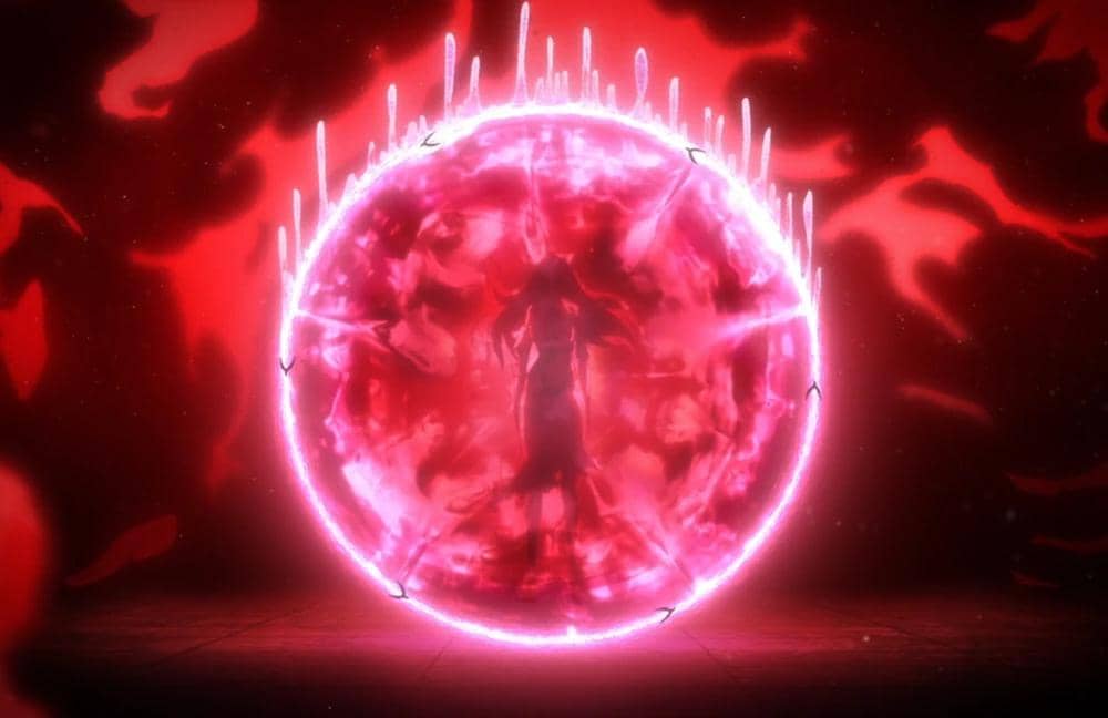 Orihime bersiap melewati lingkaran Shun Shun Rikka yang bercahaya dalam adegan Bleach TYBW Part 4.