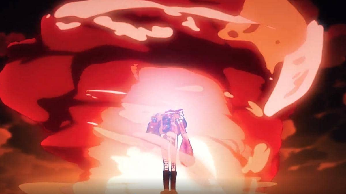 Karakter Gunko dalam anime One Piece meregenerasi tubuhnya dengan efek cahaya yang menyelimuti bagian tubuhnya.