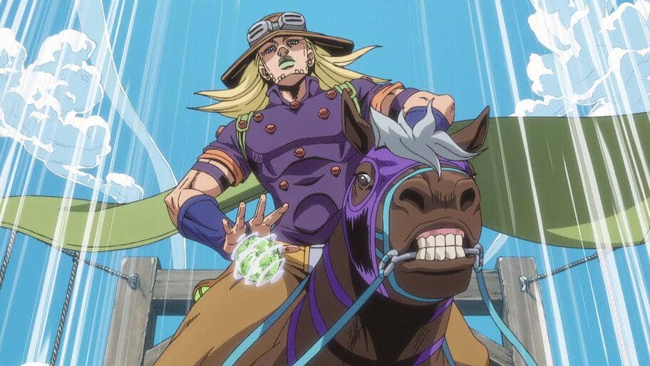 Still promosi JoJo’s Bizarre Adventure: Steel Ball Run dari Netflix yang memperlihatkan adegan dalam serial anime.