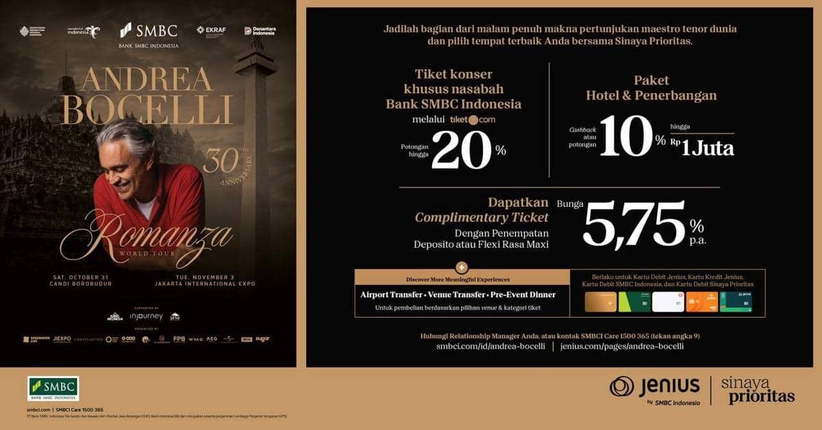 SMBC Indonesia Tawarkan Diskon 20 Persen Tiket Konser Andrea Bocelli