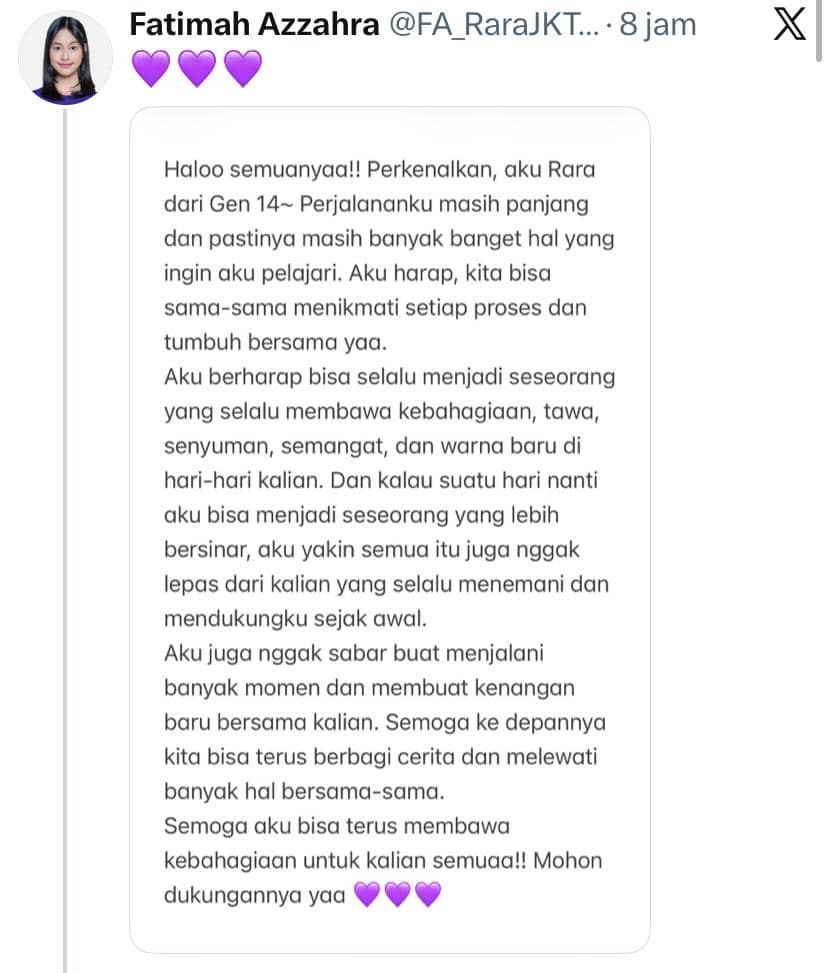 Postingan Rara JKT48 di platform X dari akun @FA_RaraJKT48, sebagaimana tercantum pada keterangan sumber.